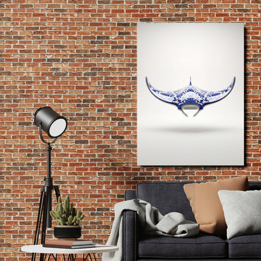 Motivational canvas print with a blue-and-white ornamental stingray in an industrial living room