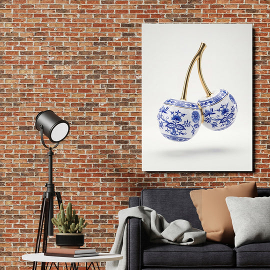 Motivational canvas print with porcelain cherries in a modern living room with a brick wall