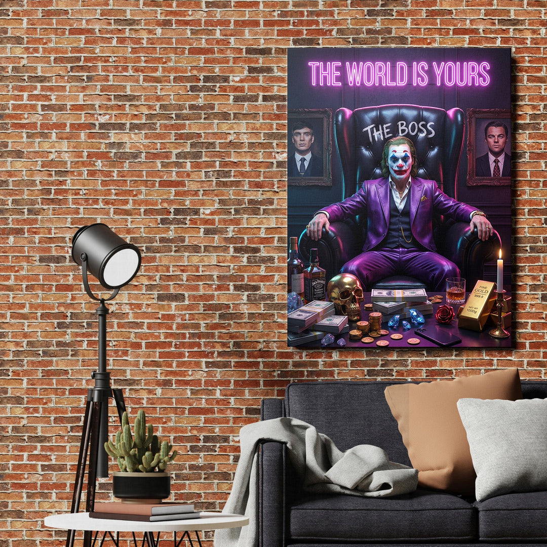 Joker motivational canvas print in a suit, neon motivational quote and piles of dollars in a luxury interior