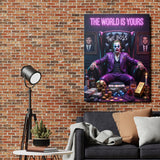 Joker motivational canvas print in a suit, neon motivational quote and piles of dollars in a luxury interior