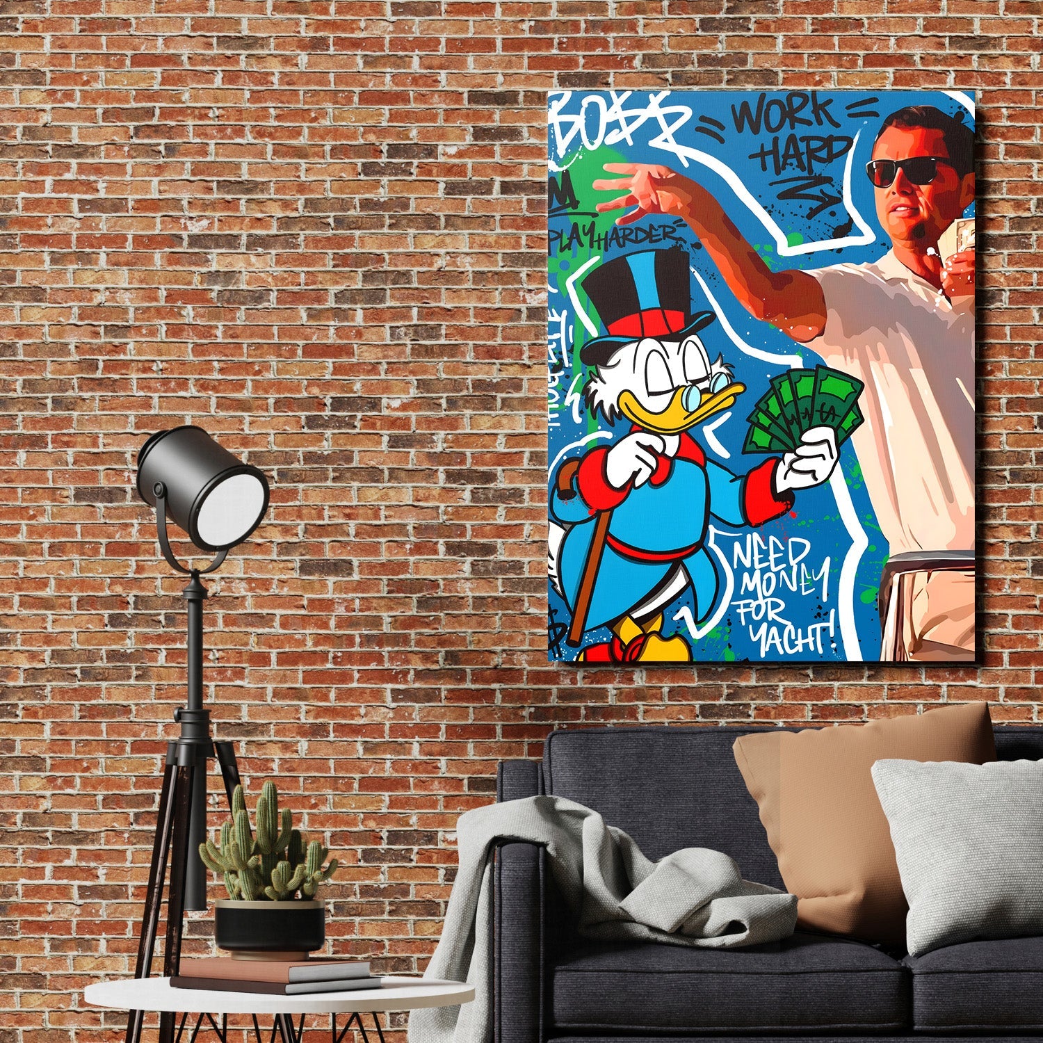 Motivational pop art canvas print with Scrooge McDuck, money and the graffiti text “Work Hard” in a living room