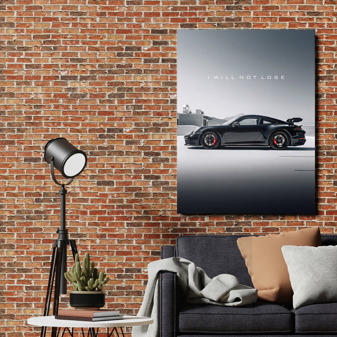 Motivational canvas wall art with black sports car and text I WILL NOT LOSE on a brick wall