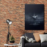 Motivational canvas print with a luxury private jet and the quote “I Like Things Private” in an industrial living room