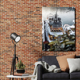 Motivational wall art with a luxury yacht and the text “My Future View” above a modern sofa in a living room