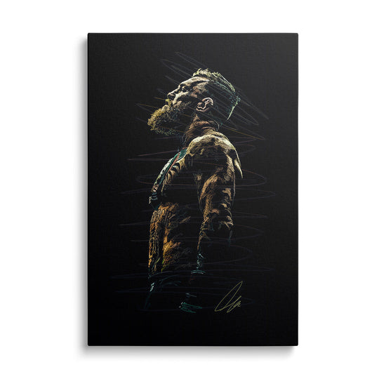 Motivational canvas print with a colorful line-art silhouette of a fighter on a black background, modern minimalist style