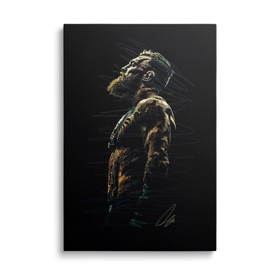 Motivational canvas print with a colorful line-art silhouette of a fighter on a black background, modern minimalist style