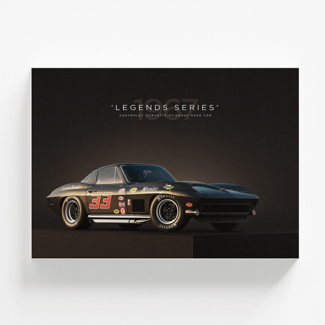 Modern wall art with a front-view black Corvette Stingray sports car in a minimalist design.