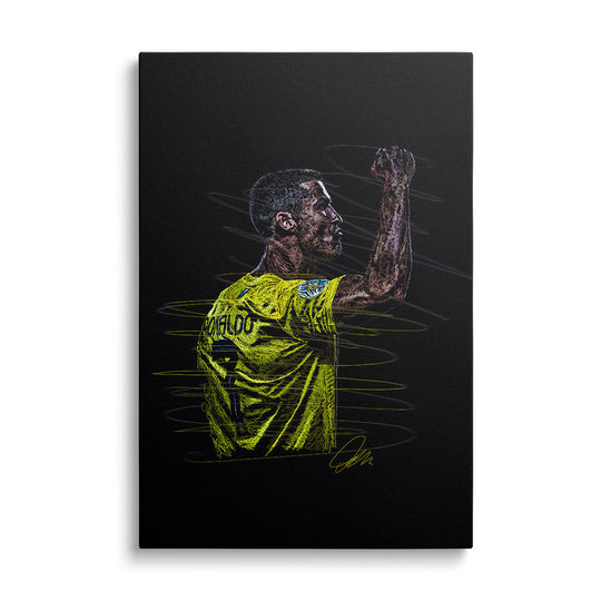 Pop art canvas print of a soccer player raising his fist in neon yellow-and-black style, modern wall art