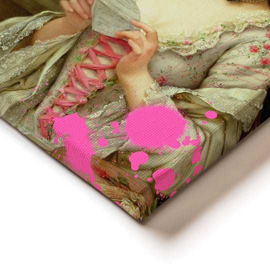 Corner detail of a motivational canvas print with fine print texture and a pink spray-paint effect