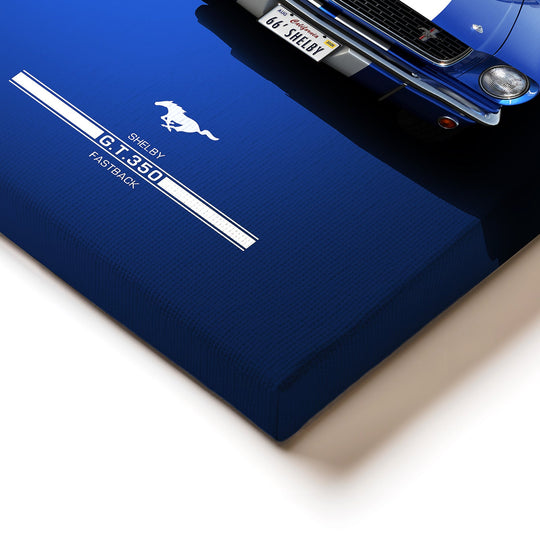 Corner detail of motivational canvas wall art with a blue Shelby G.T.350 Fastback print and visible print texture