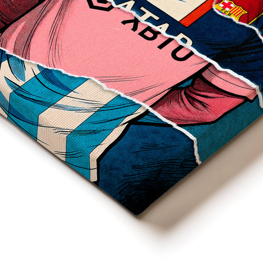 Corner detail of a motivational canvas print with a street art collage and bold textured print surface