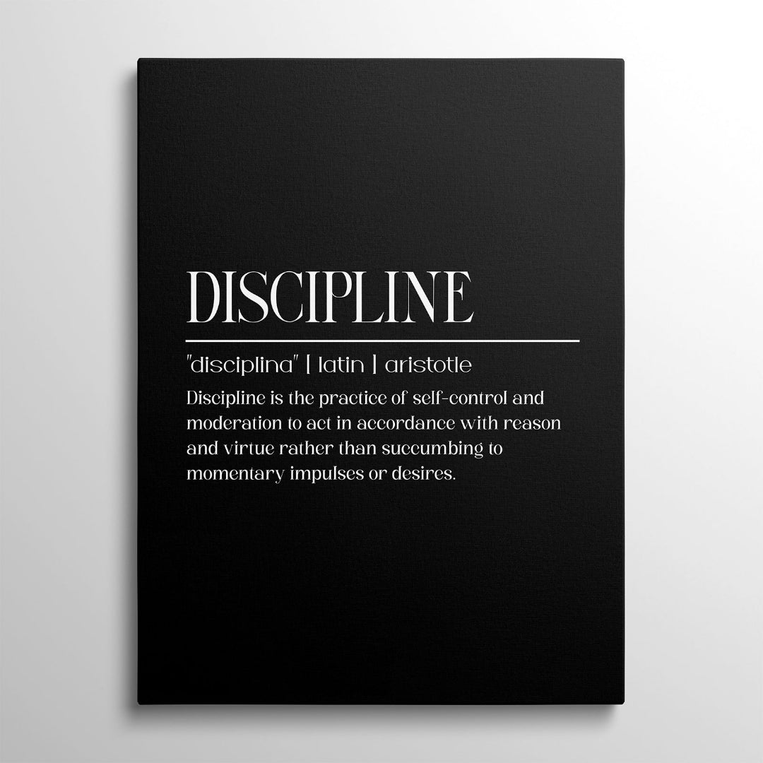 Discipline motivational canvas print with a black background and white quote in a minimalist typographic design, front view