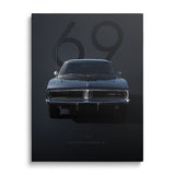 Motivational canvas wall art with a black muscle car front view in front of a large number 69
