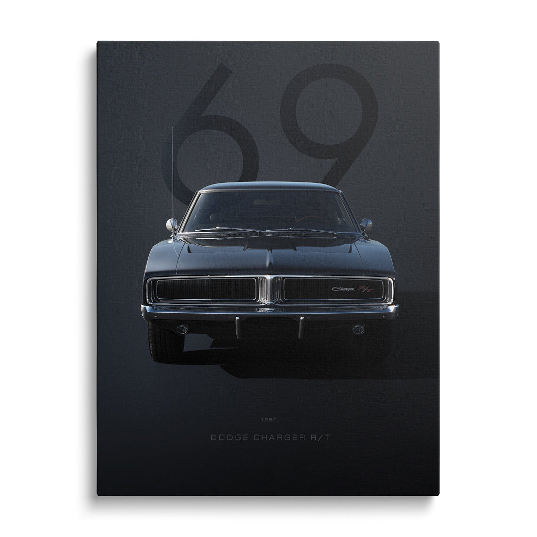 Motivational canvas wall art with a black muscle car front view in front of a large number 69