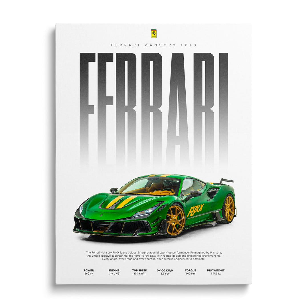 Motivational wall art with a green-yellow Ferrari Mansory F8XX supercar, front view