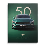 Motivational canvas wall art with a luxury green 50th anniversary Ford Mustang, detailed front view of performance and design