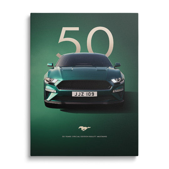 Motivational canvas wall art with a luxury green 50th anniversary Ford Mustang, detailed front view of performance and design