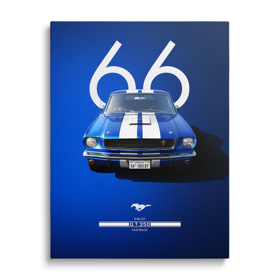 Motivational canvas wall art with a blue Shelby GT350 Mustang number 66, front view