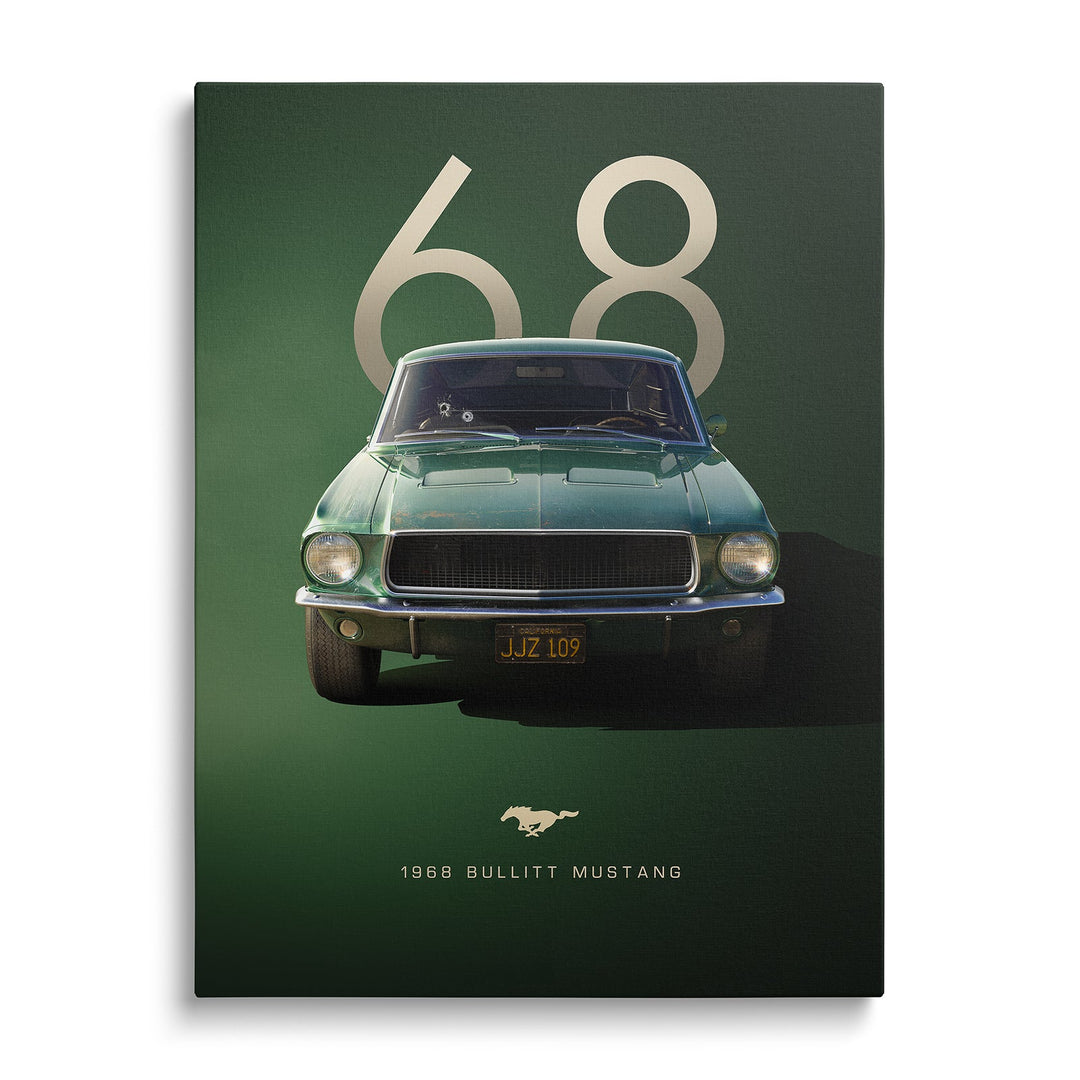 Motivational canvas wall art with a retro green 1968 Mustang, minimalist luxury front-view design