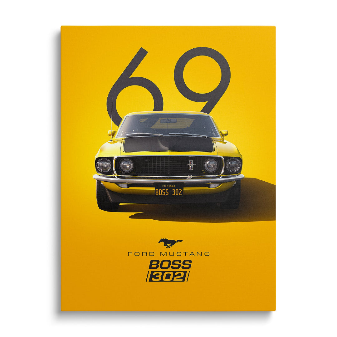 Motivational canvas wall art with a yellow Ford Mustang Boss 302 sports car front view and black racing number 69