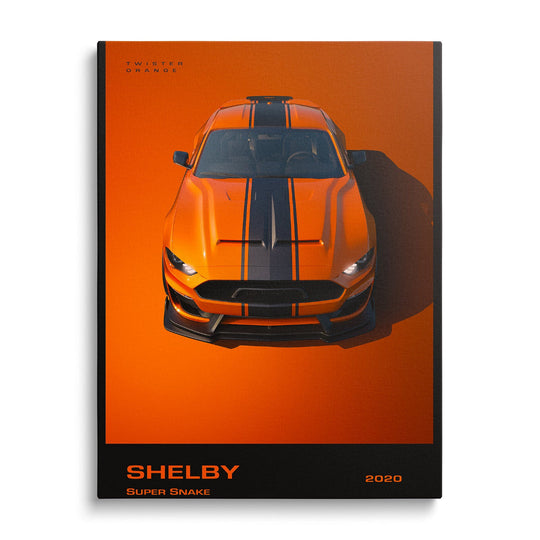 Motivational canvas wall art with an orange 2020 Shelby Super Snake sports car, front view