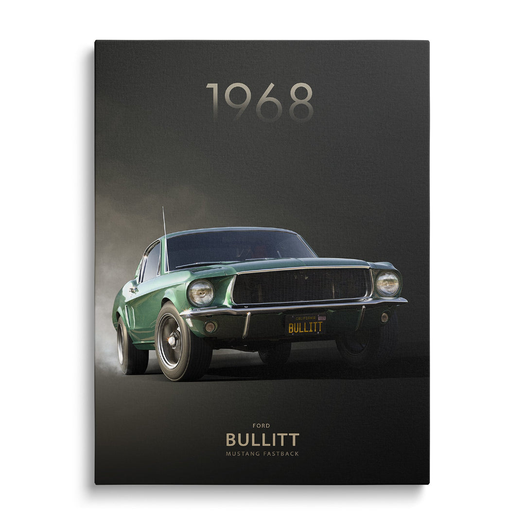 Canvas wall art with a front view of a green 1968 Mustang Fastback Bullitt, retro muscle car in motion