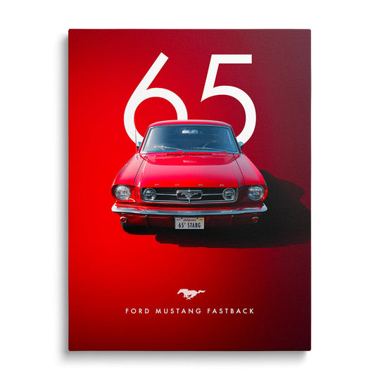 Motivational canvas wall art with a red 1965 Ford Mustang front view in a minimalist car motif