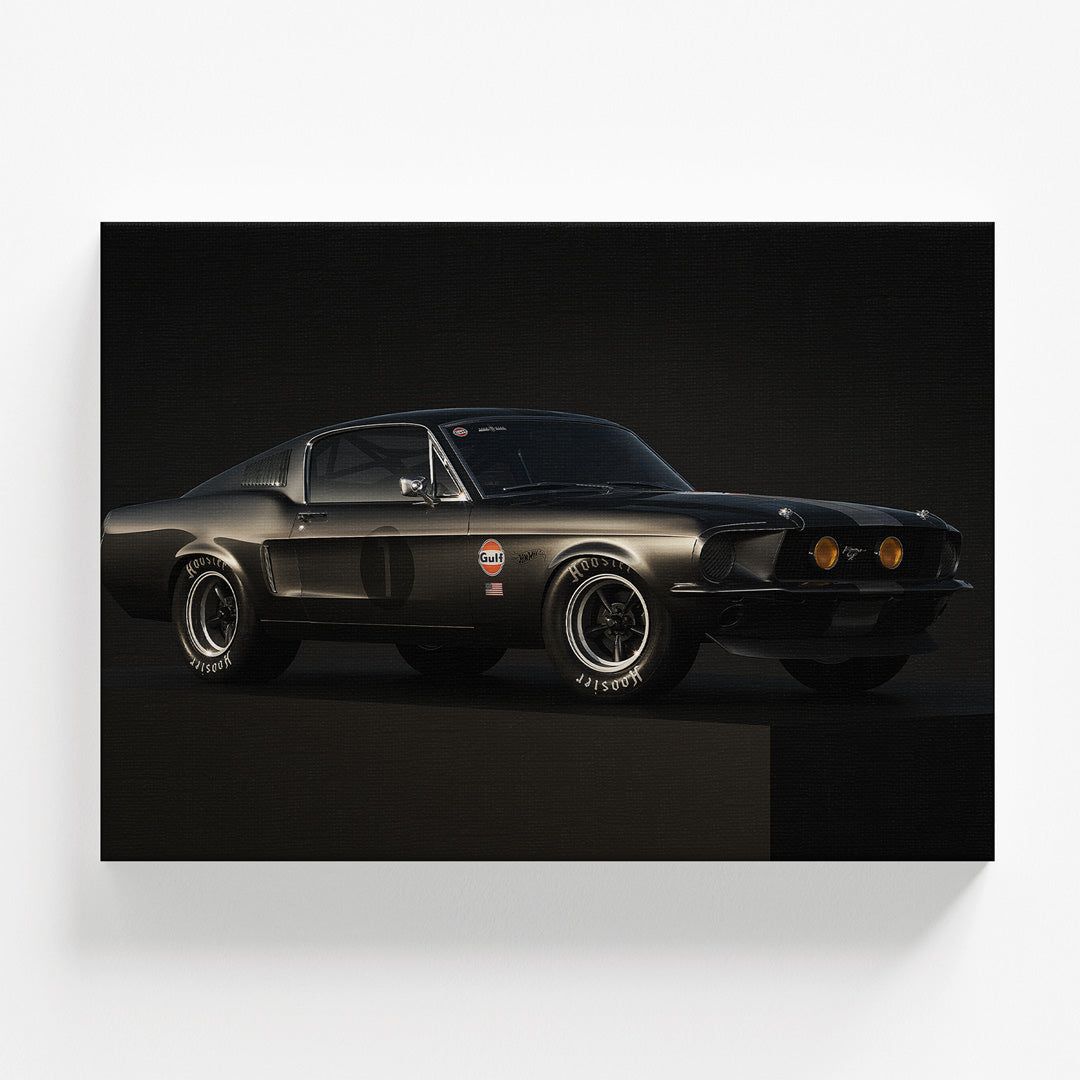 Motivational wall art with a front-view black classic Ford Mustang, luxury and performance atmosphere.