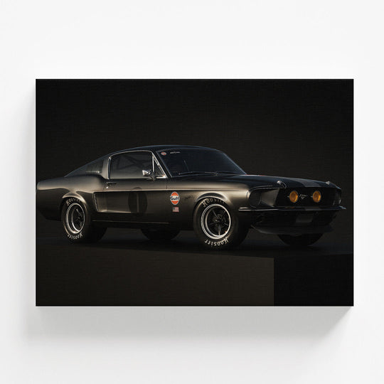 Motivational wall art with a front-view black classic Ford Mustang, luxury and performance atmosphere.