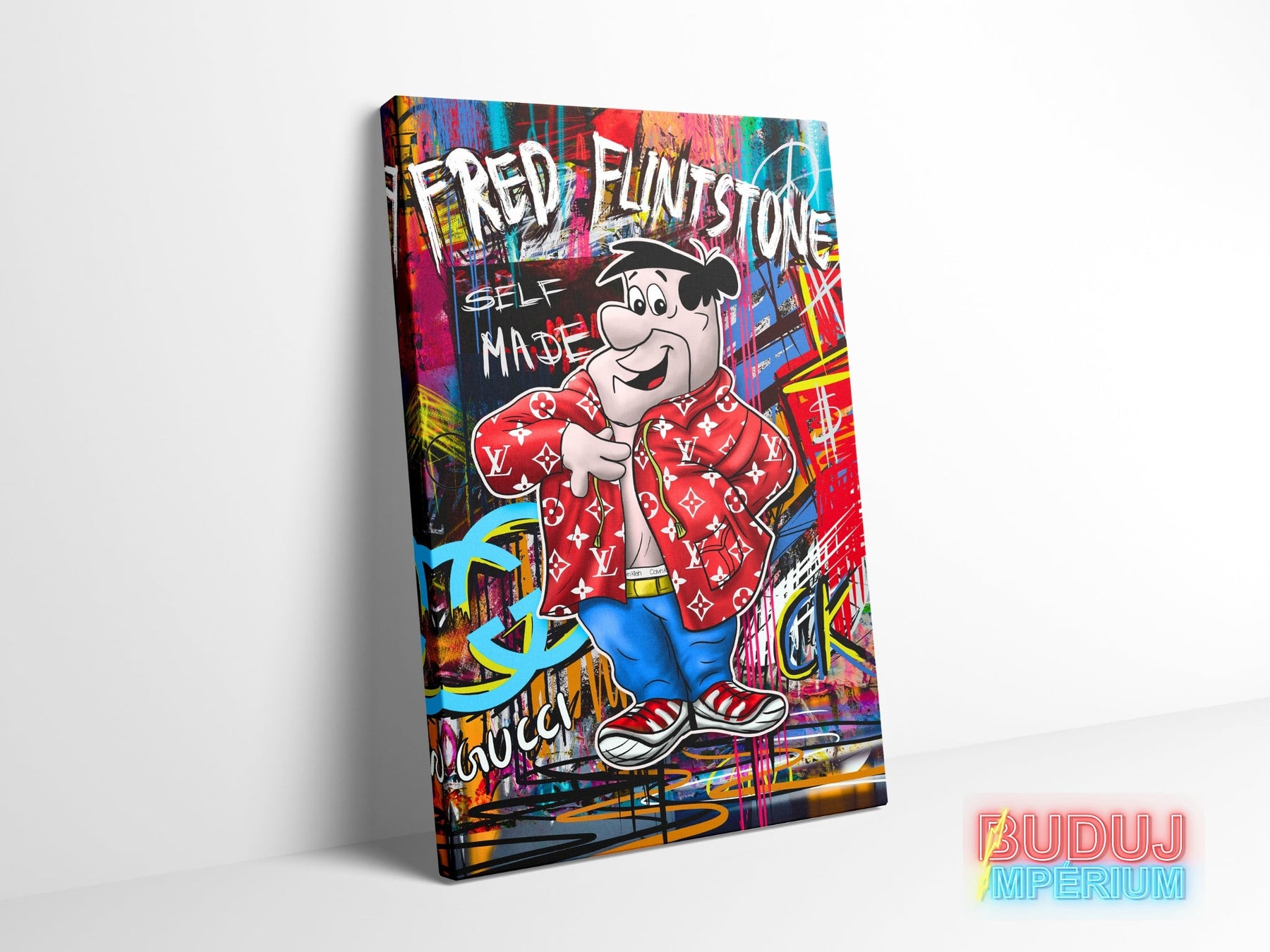 Luxury pop art canvas wall art with Fred Flintstone in street art graffiti style, front view.
