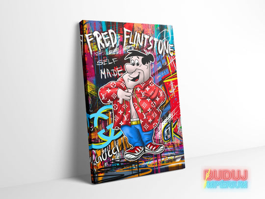 Luxury pop art canvas wall art with Fred Flintstone in street art graffiti style, front view.