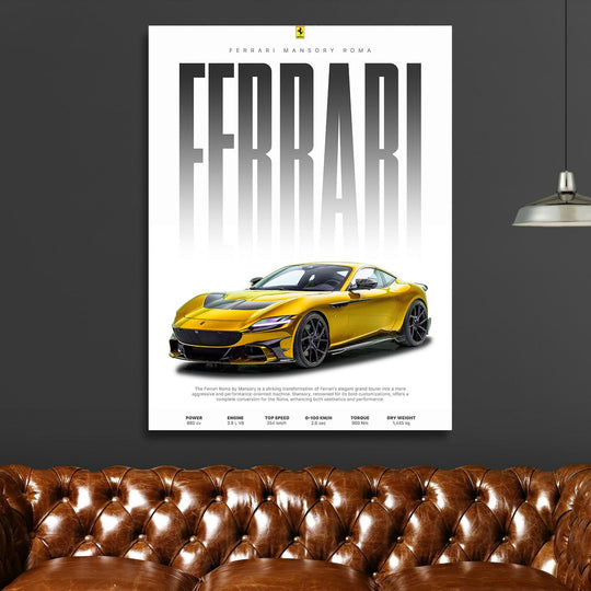 Luxury canvas wall art above a brown leather Chesterfield sofa in a living room, front view