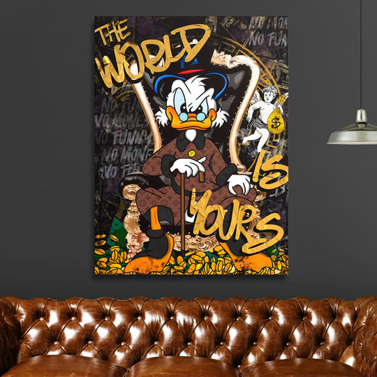 Motivational pop art canvas print with Scrooge McDuck and money motif above a brown leather sofa