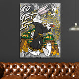 Pop art wall art with a motivational rabbit in a luxury robe and money theme, displayed in a living room.
