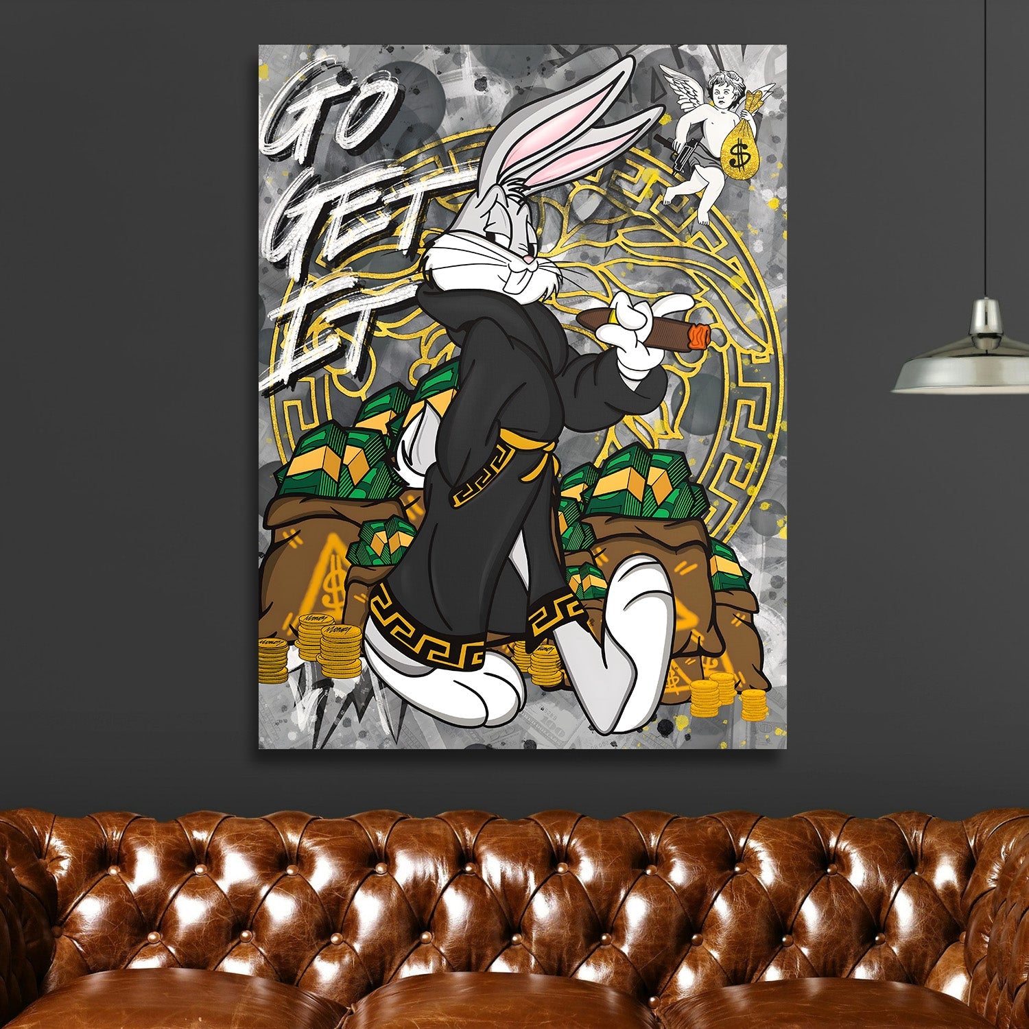 Pop art wall art with a motivational rabbit in a luxury robe and money theme, displayed in a living room.