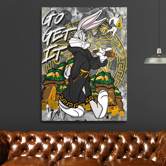 Pop art wall art with a motivational rabbit in a luxury robe and money theme, displayed in a living room.