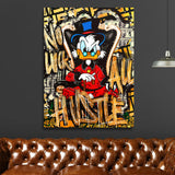 Motivational pop art wall art with a duck in a luxury chair and money graffiti in a modern interior