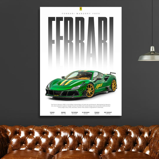 Luxury canvas wall art with a green Ferrari F8XX above a brown leather sofa and silver floor lamp