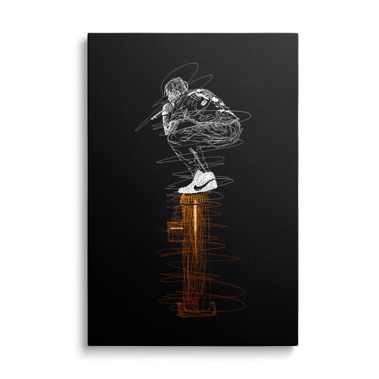 Motivational canvas print with a street art sketch of a figure with a microphone in Nike sneakers on an orange pillar, front view