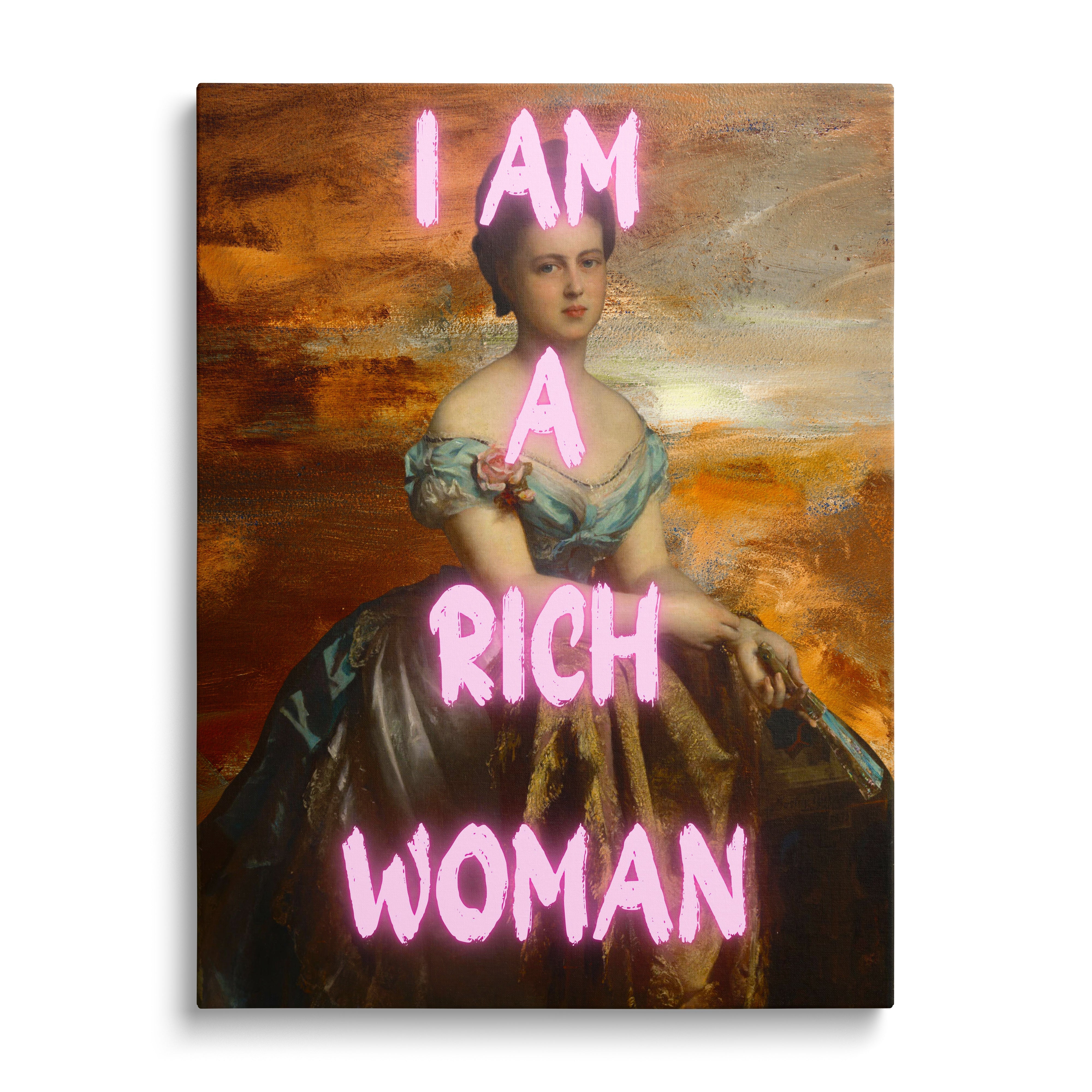 Luxury motivational wall art with a baroque portrait of a lady and pink neon text “I AM A RICH WOMAN”