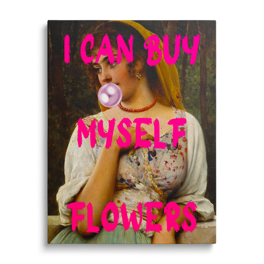Motivational canvas print with a portrait of a woman blowing a pink bubble and a pink pop art quote