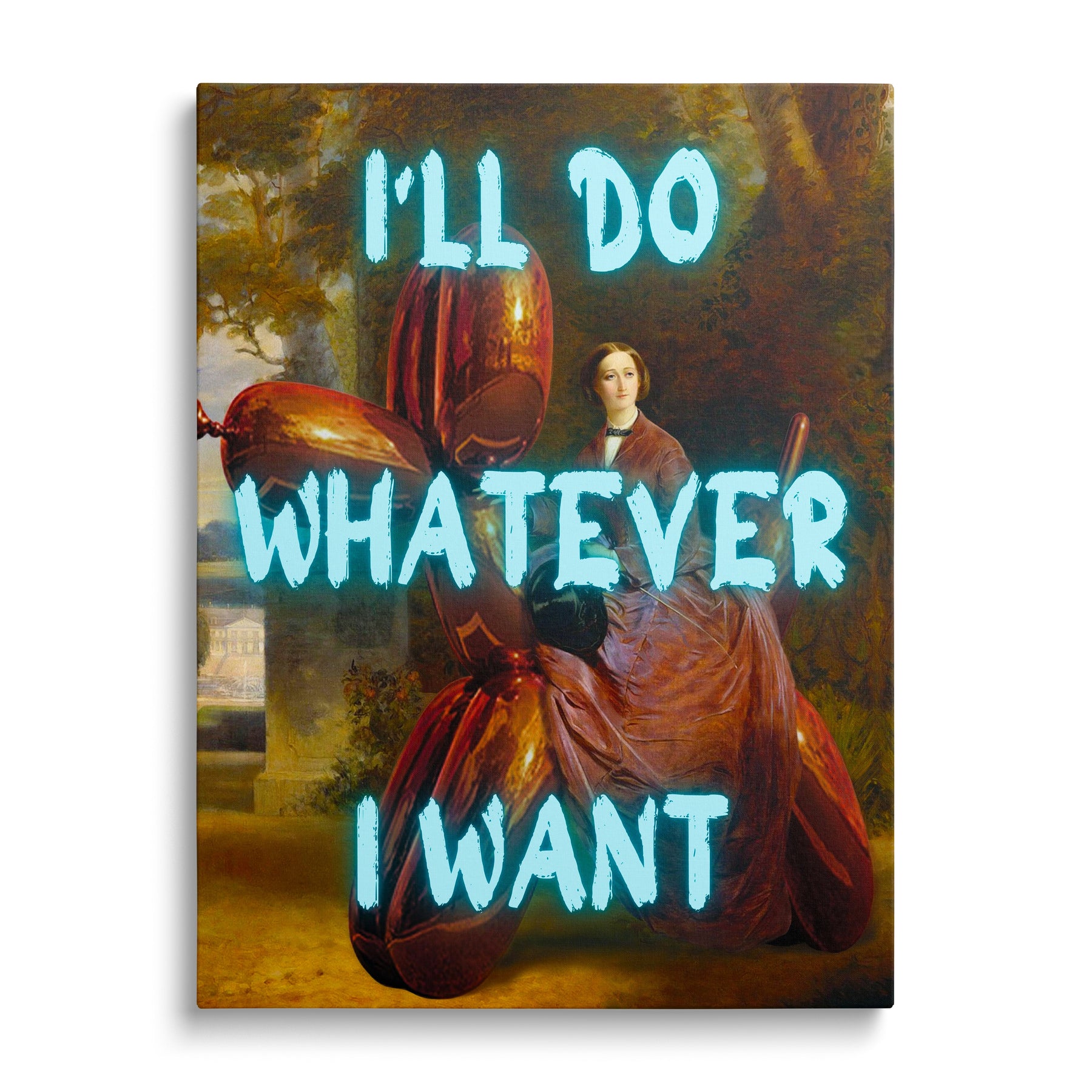 Motivational pop art canvas print with a neon quote and balloon sculpture, front view