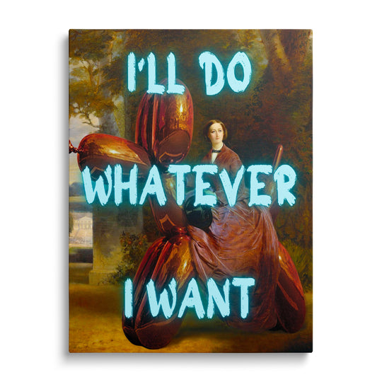 Motivational pop art canvas print with a neon quote and balloon sculpture, front view