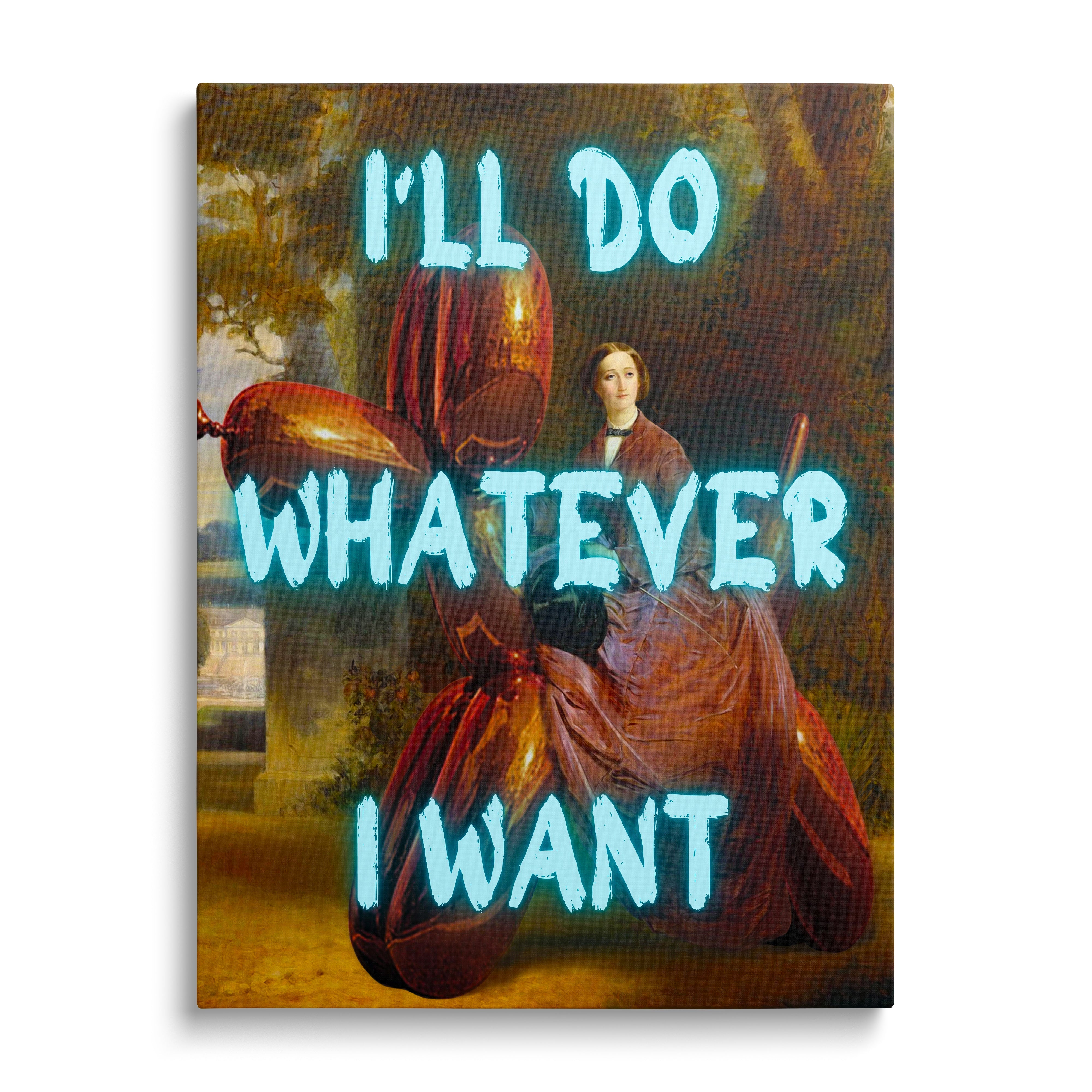 Motivational pop art canvas print with a neon quote and balloon sculpture, front view