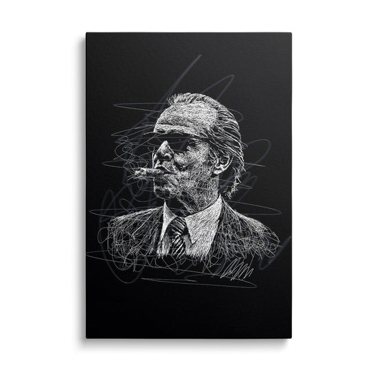 Motivational canvas print with a black-and-white minimalist portrait of a man in a suit with a cigar, front view