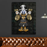 Motivational pop art wall art of Scrooge McDuck with money bags above a leather sofa in a living room.