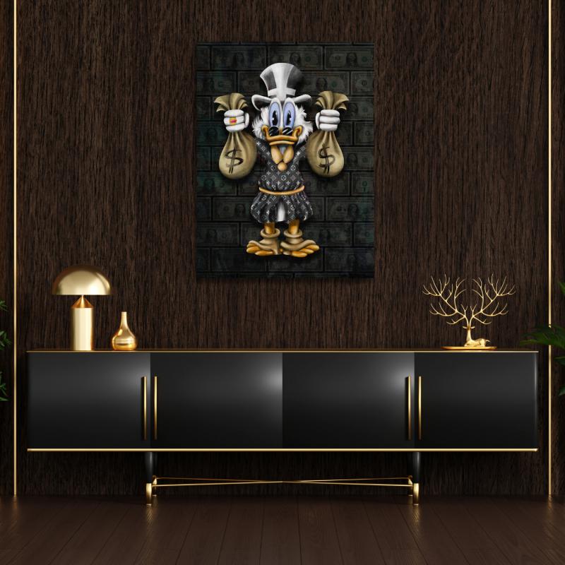 Motivational pop art wall art with a duck and money bags in a luxury interior.