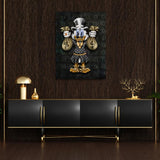 Motivational pop art wall art with a duck and money bags in a luxury interior.