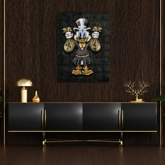 Motivational pop art wall art with a duck and money bags in a luxury interior.