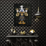 Motivational pop art wall art with a duck holding money bags in a black modern interior.